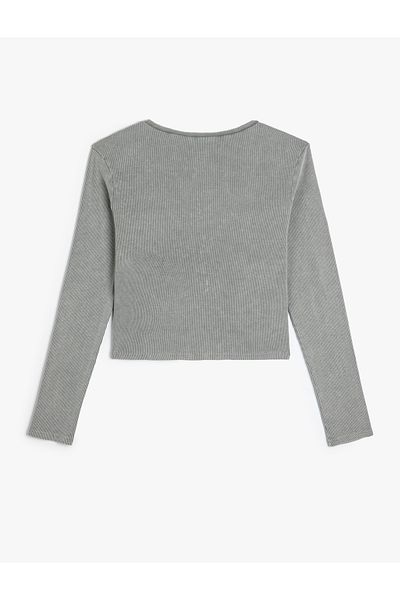Koton U-Neck Ribbed Cotton Long Sleeve T-Shirt - Pale Effect