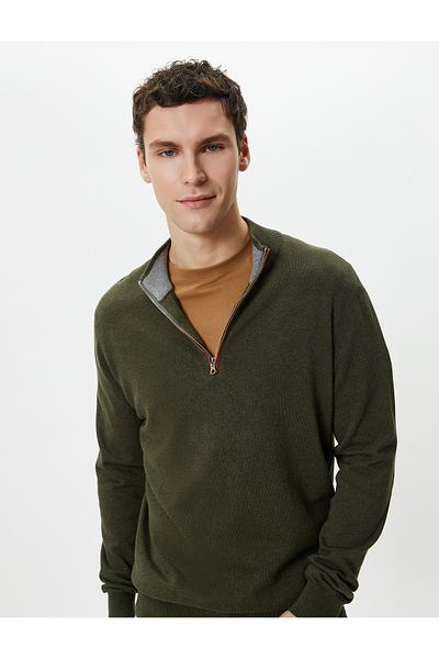 Koton Long Sleeve Slim Fit Sweater - Half Zipper and Elbow Detail