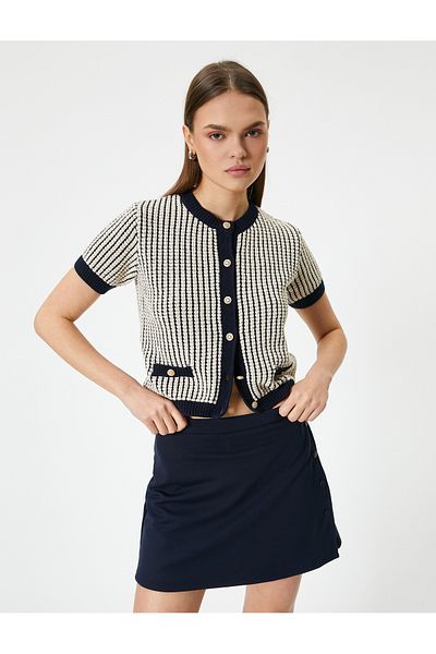 Koton Short Sleeve Short Cardigan Gold Buttoned Pocket Crew Neck