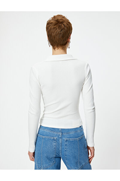 Koton T-Shirt mit Polokragen und Reißverschluss, langärmelig, gerippt, Slim Fit, Baumwolle