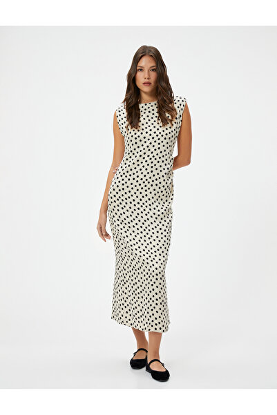 Koton Midi Polka Dot Dress Padded Short Sleeve Crew Neck Viscose