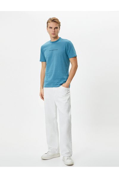 Koton Μπλουζάκι με στάμπα με σύνθημα Slim Fit Crew Neck κοντομάνικο βαμβακερό