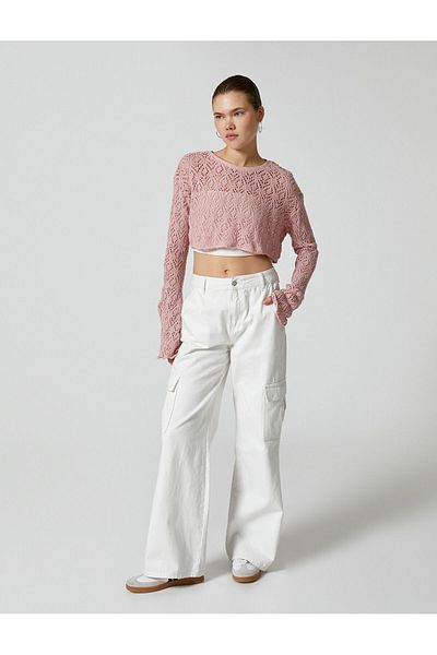 Koton Crop Openwork T-Shirt Wide Long Sleeve Crew Neck Comfortable Fit