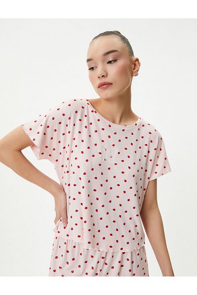 Koton Pyjama-Set mit Shorts Erdbeer-Print Kurzarm Rundhals Viskose