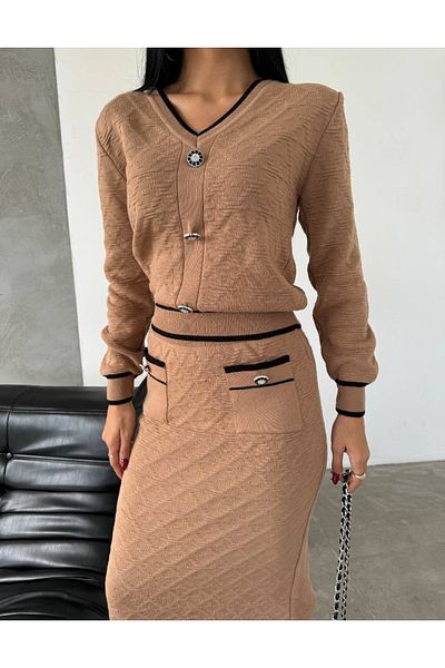ABBA Knitwear V-Neck Patterned Pocket Detailed Double Set