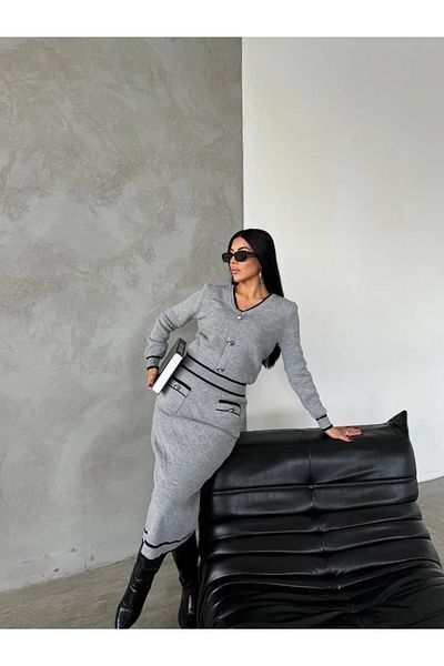 ABBA Knitwear V-Neck Patterned Pocket Detailed Double Set