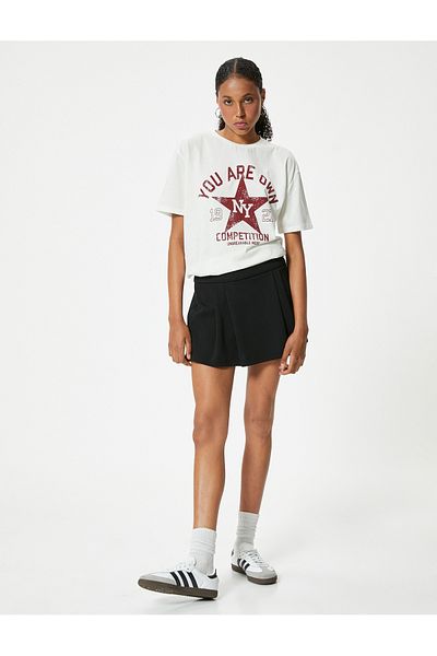 Koton College Printed Oversize Cotton T-Shirt - Crew Neck, Short Sleeve