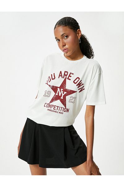 Koton College Printed Oversize Cotton T-Shirt - Crew Neck, Short Sleeve