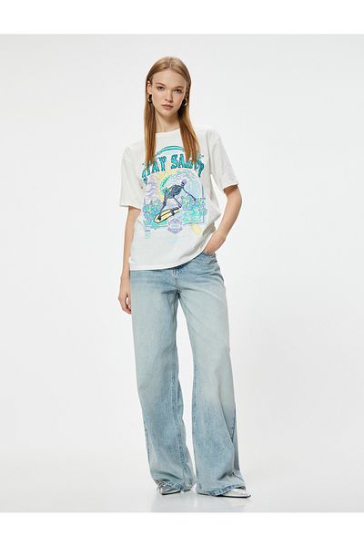 Koton Cotton Relax Fit Printed T-Shirt - Short Sleeve, Crew Neck