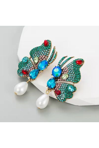 COCOSH TAKI Turquoise Blue Green Zircon Stone Pearl Detailed Butterfly Model Evening Dress Christmas Gift Earrings