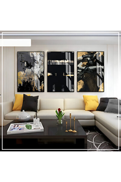 Harika bir ev Hari̇kabi̇rev | Black-Gold Abstract Set 07 | Framed Glass Table...
