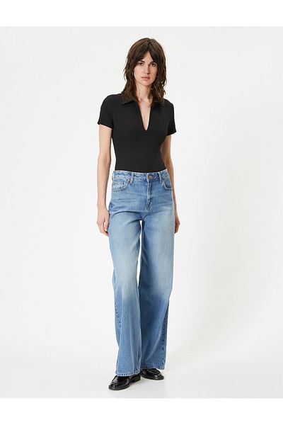 Koton Polo Neck Slim Fit Bodysuit - Half Zipper, Short Sleeve