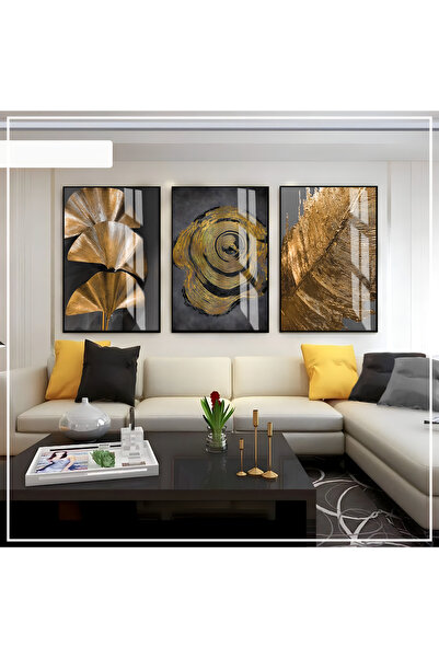 Harika bir ev Hari̇kabi̇rev | Gray-Black-Gold Color Abstract Leaf Set | Frame...