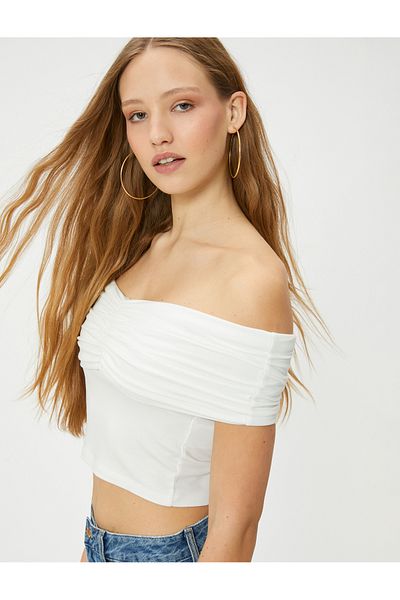 Koton Tricou cu guler Madonna, cu umăr deschis, drapaj, țesătură vâscoasă, slim fit