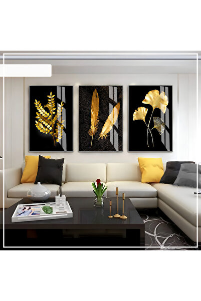 Harika bir ev Hari̇kabi̇rev | Black-Gold Leaves Set 01 | Framed Glass Table 3...