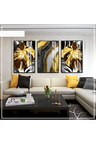 Harika bir ev Hari̇kabi̇rev | White-Black-Gold Abstract Leaf Set 1 | Framed G...
