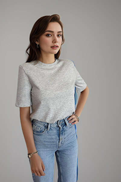 poupee Gray Padded Knitted Regular Fit Crew Neck Women's T-shirt