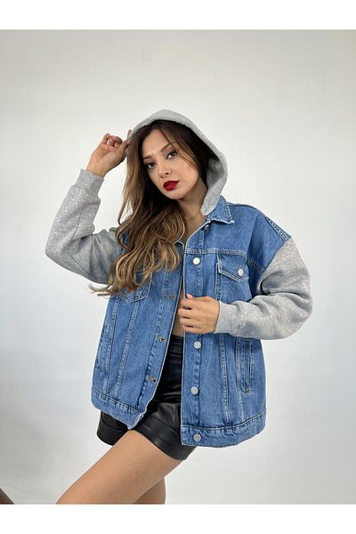 Womengrom Jachetă de blugi oversize cu glugă pentru femei Fame
