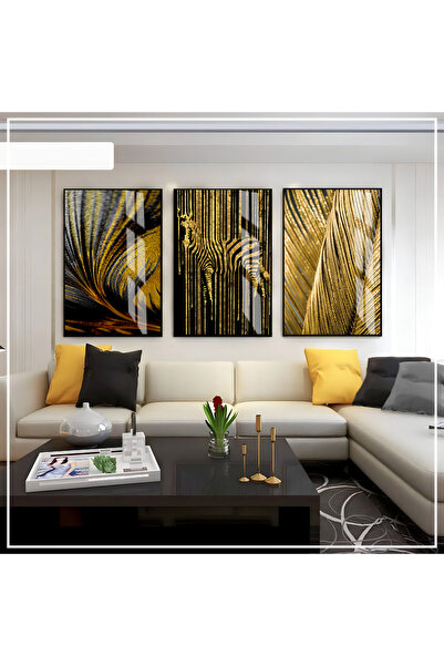 Harika bir ev Hari̇kabi̇rev | Black-Gold Color Abstract Zebra Set | Framed Gl...