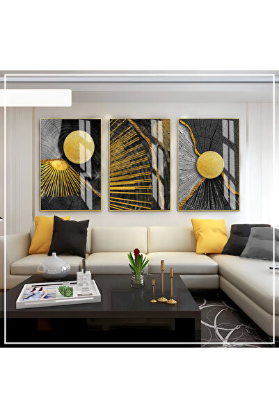 Harika bir ev Hari̇kabi̇rev | Black -Gold Color Abstract Set 01 | Framed Glas...