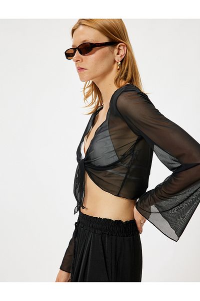 Koton Διάφανο Crop Tulle Top - Μπροστινή γραβάτα, Μακρύ μανίκι από νυχτερίδα
