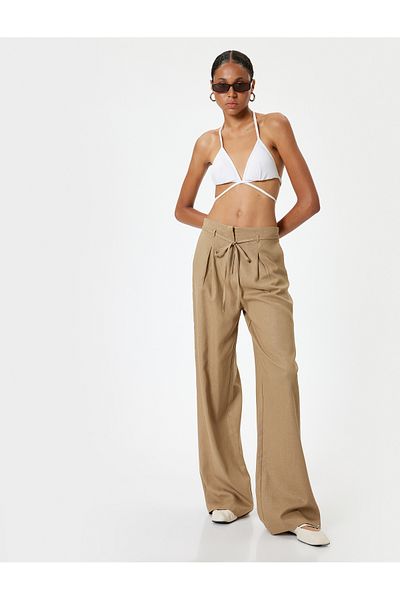 Koton Leinenmischung - Hose mit weitem Bein, Taschen und Schnürdetail