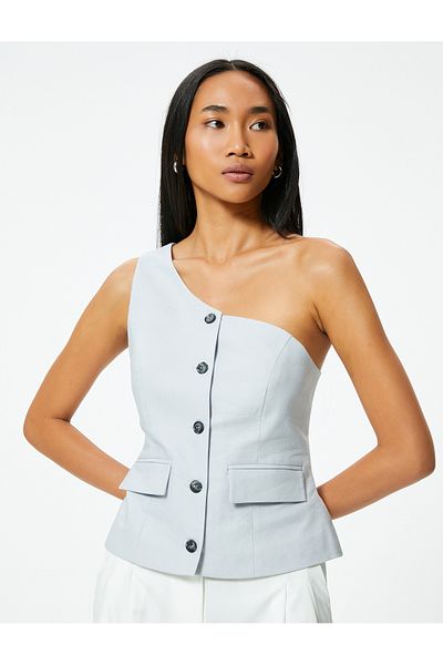 Koton Linen Single Shoulder Vest - Covered Pocket Detail