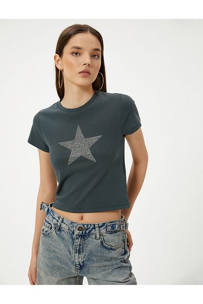 Koton Crew Neck Star Embroidered Cotton Slim Fit T-Shirt