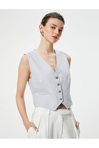Koton V-Neck Linen Blazer Vest - Buttoned and Fleto Pocket