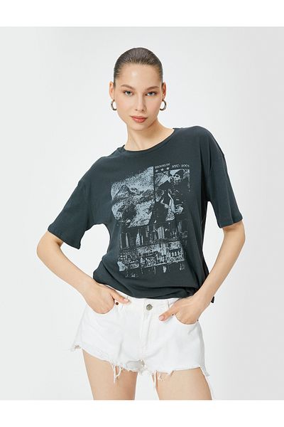 Koton Crew Neck Short Sleeve Printed T-Shirt - Pale Effect