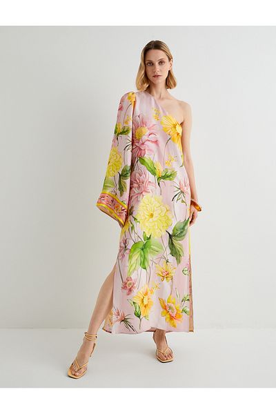 Koton X Tuba Unsal - Rochie florală cu un singur umăr, cu fantă din viscoză