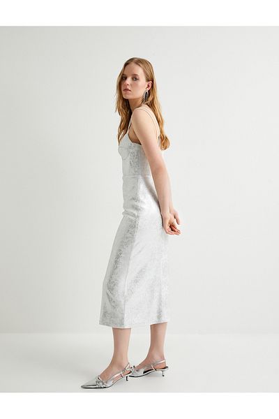 Koton Midi-Abendkleid für die Braut – Träger, Herzkragen, bedruckt mit Metallicfolie