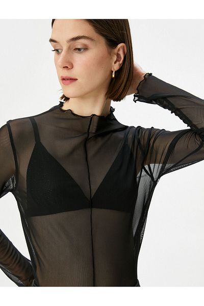 Koton Transparent Tulle T-Shirt Long Sleeve High Collar
