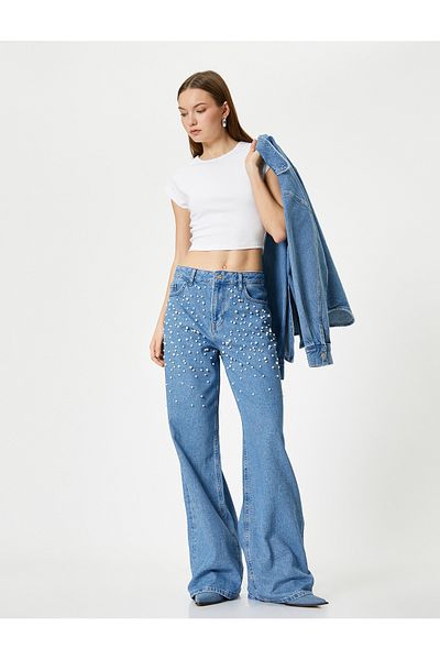 Koton Jeweled Jeans Wide Leg Pocket Standard Waist - Bianca Wide Leg Jeans