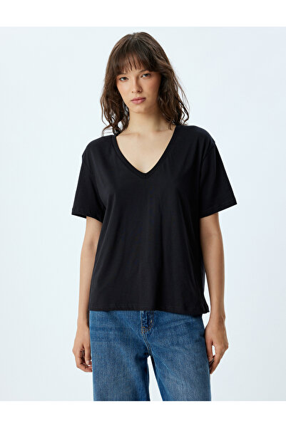 Koton Koszulka bawełniana z krótkim rękawem i dekoltem w serek – regularny krój