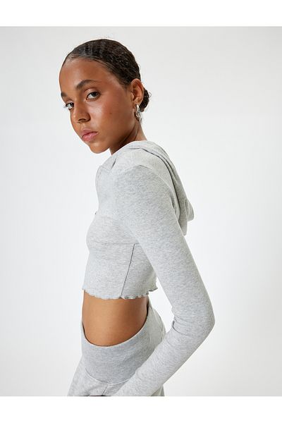 Koton Long Sleeve Slim Fit Crop Cardigan - Hooded and Zippered