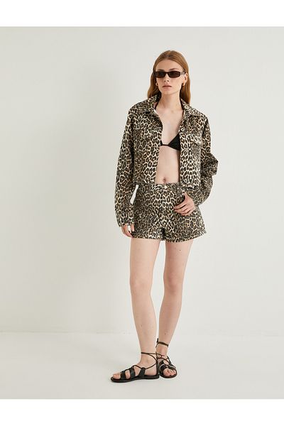 Koton Leopard Print High Waist Mini Denim Shorts