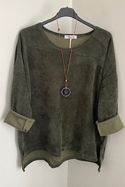 AYASOFYA OTANTIK بلوزة نسائية إيطالية كاكي فضفاضة بأكمام طويلة مع إكسسوارات ق...