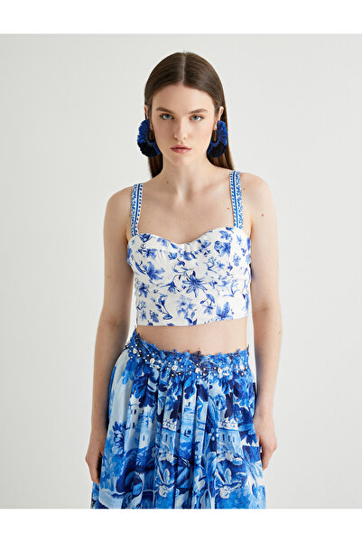 Koton Strappy Slim Fit Bustier s květinovým vzorem - srdíčkový límec