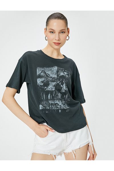 Koton Crew Neck Short Sleeve Printed T-Shirt - Pale Effect