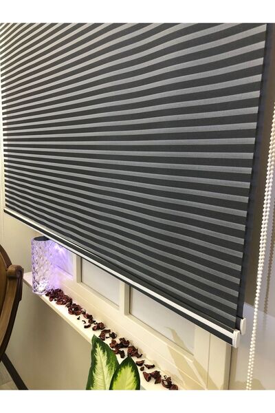Emir Home SİYAH KALIN ÇİZGİLİ  TÜL-ANTRASİT GRİ STORLU Çift Mekanizmalı Tül S...
