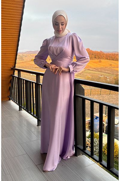 sefamerve Lilac Kobe Satin Evening Dress - Front Tie 5513-05