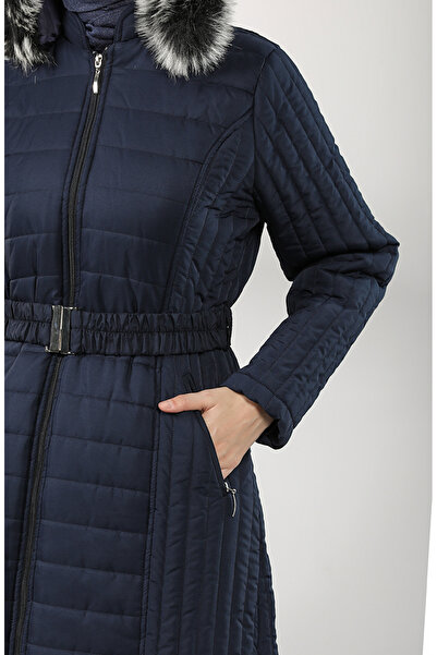 sefamerve Navy Blue Quilted Hooded Coat - 0813-02
