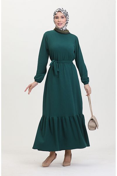 sefamerve Twist Stoff geripptes Rüschenkleid 0528-05 Smaragdgrün