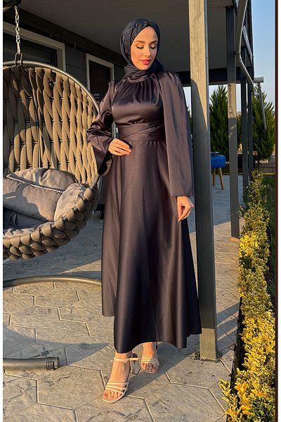 sefamerve Gathered Front Satin Evening Dress 5514-01 Navy Blue