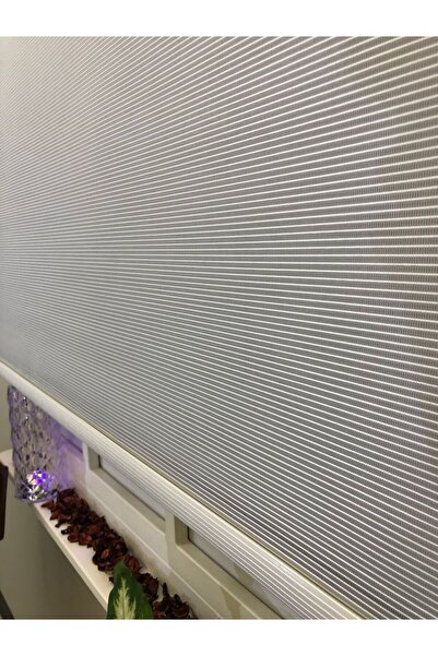 Emir Home BEYAZ İNCE ÇİZGİLİ TÜL - ANTRASİT GRİ STORLU Çift Mekanizmalı Tül S...