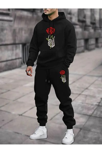 Elfa Tekstil Σετ αθλητική φόρμα με κουκούλα Unisex με στάμπα τριαντάφυλλου