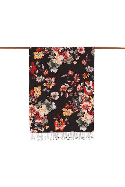 ipekevi Black Desert Rose Patterned Silk Shawl
