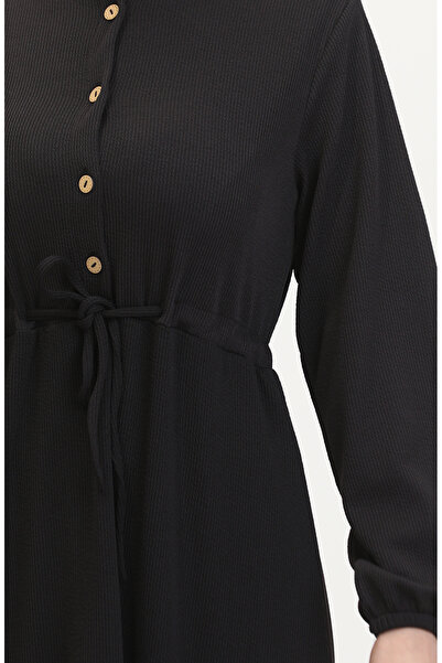sefamerve Twist látkové žebrované šaty s polovičním knoflíkem 0526-05 černé