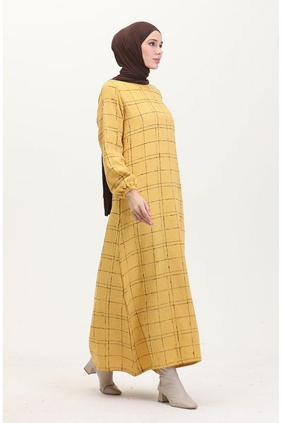 sefamerve Tuvit Kariertes Kleid 0531-04 Gelb